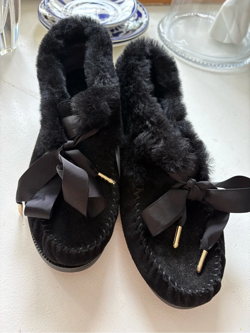 Tory Burch Black Fur-Trim Ankle Booties with Gold Logo